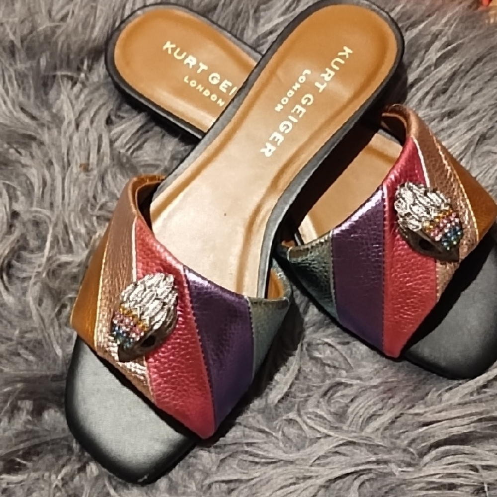 Kurt Geiger Multicolor Metallic Leather Slide Mules with Jewel Accent - Picture 8 of 9
